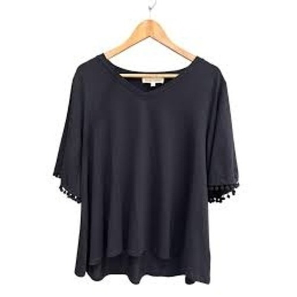 Johnny Was Calme Black V-Neck Pom Pom Trim Short Sleeve Swing Top Small